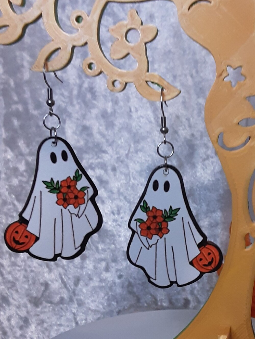 Handmade Ghost Halloween Drop Earrings in White with Orange Accents